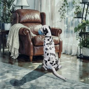A Dalmatian dog sitting on the floor in front of a brown leather armchair in a living room with sunlight streaming through sheer curtains.