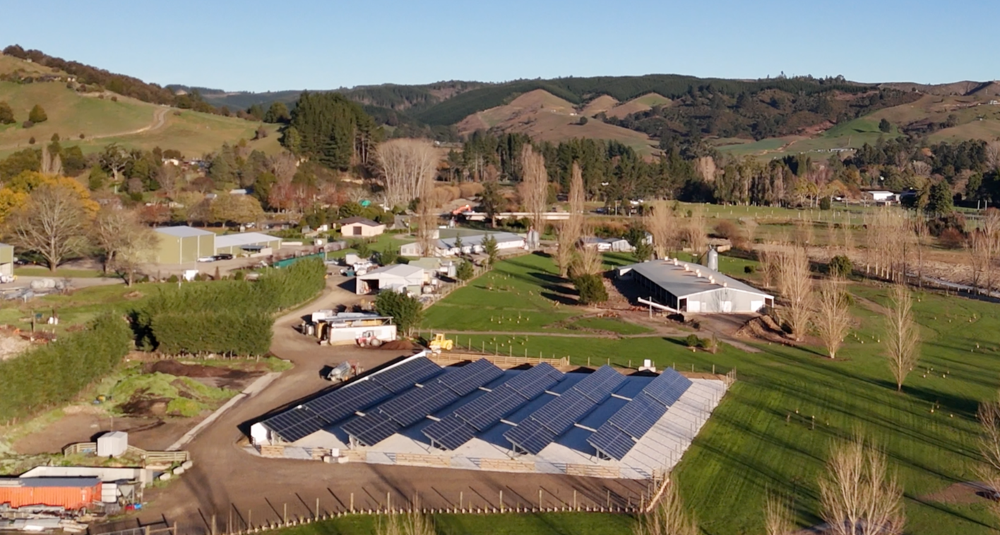Ewing Poultry and Quail Valley solar farm installed by Rowan Dron Electrical with hills, trees, farm buildings, and solar panels in the foreground