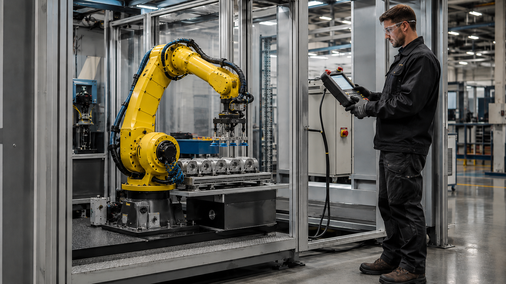 A factory worker operating an industrial robotic arm in a manufacturing facility. The worker is holding a device and wearing safety glasses and gloves, while the robotic arm is assembling or handling metal parts within a metal frame enclosure.