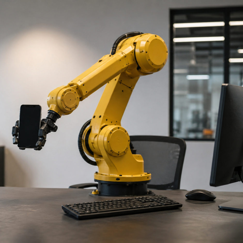 A yellow robotic arm holding a smartphone in an office setting with a computer, keyboard, and mouse on the desk.
