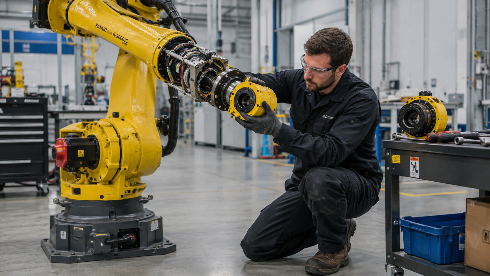 A technician working with a robotic arm in an industrial facility, inspecting or assembling components. The robotic arm is yellow, and the technician is wearing safety glasses and gloves, kneeling on the floor at a workbench with tools and parts.