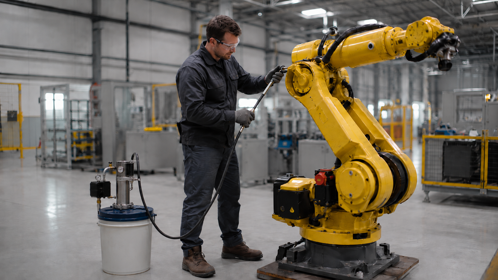 A man in safety goggles and work clothes operating a large yellow industrial robot arm in a factory.
