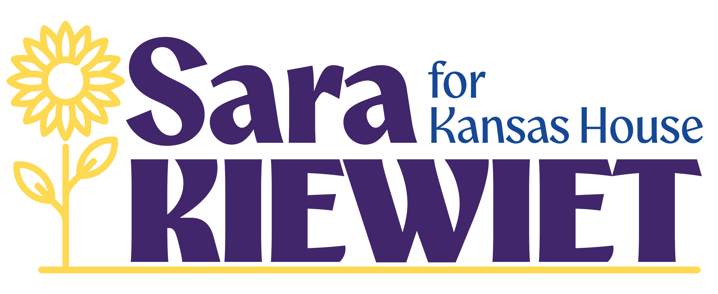 Logo for Sara for Kansas House Re-Elect, featuring a yellow sunflower graphic and text in purple and blue.