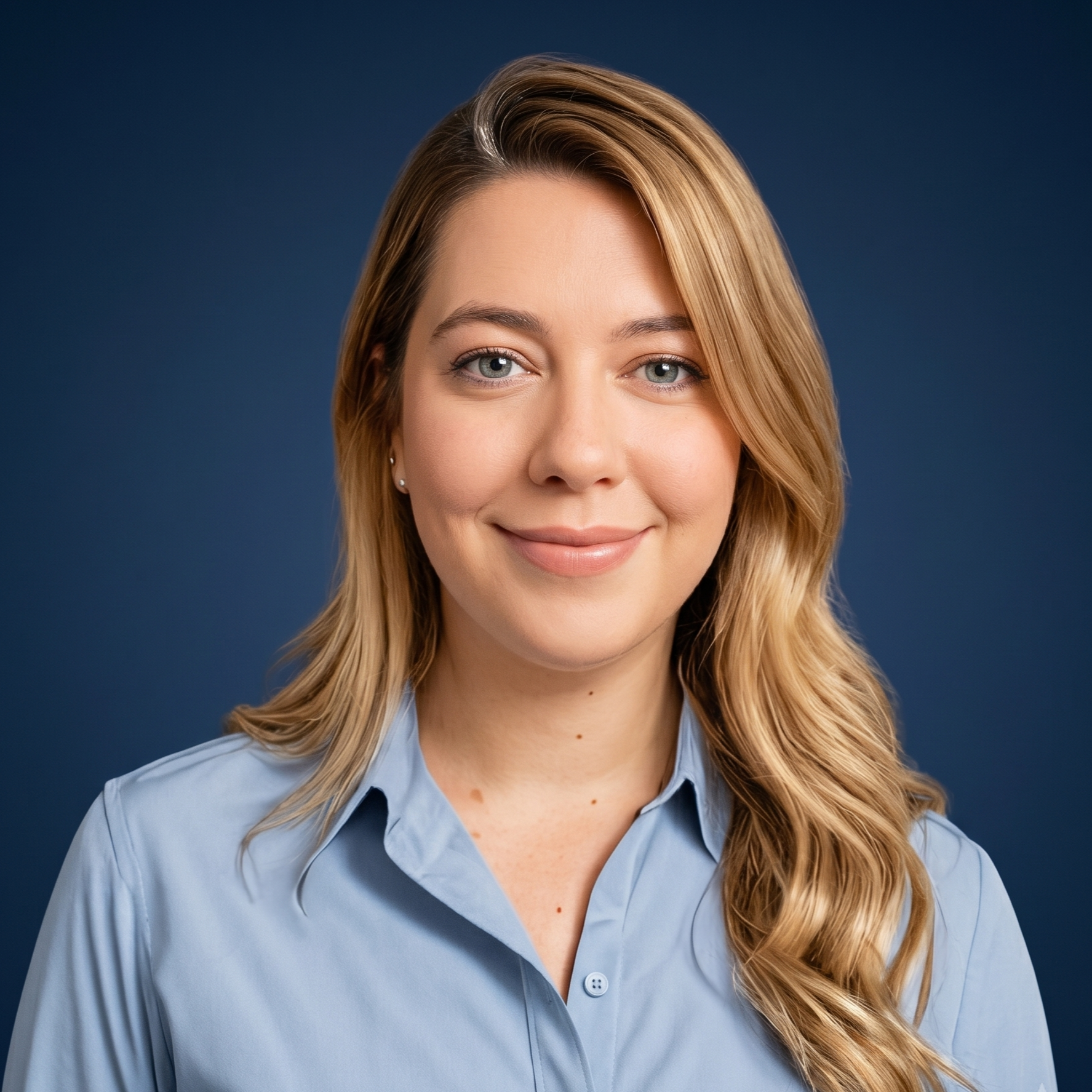 Close-up portrait of a young woman with blonde hair, blue eyes, and a light blue collared shirt, smiling slightly against a dark blue background.