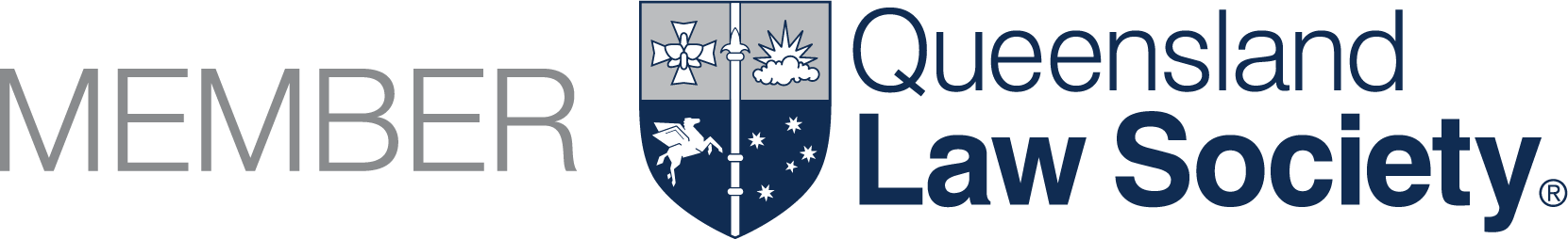 Logo of the Queensland Law Society Member with a crest featuring a cross, a unicorn, and stars.