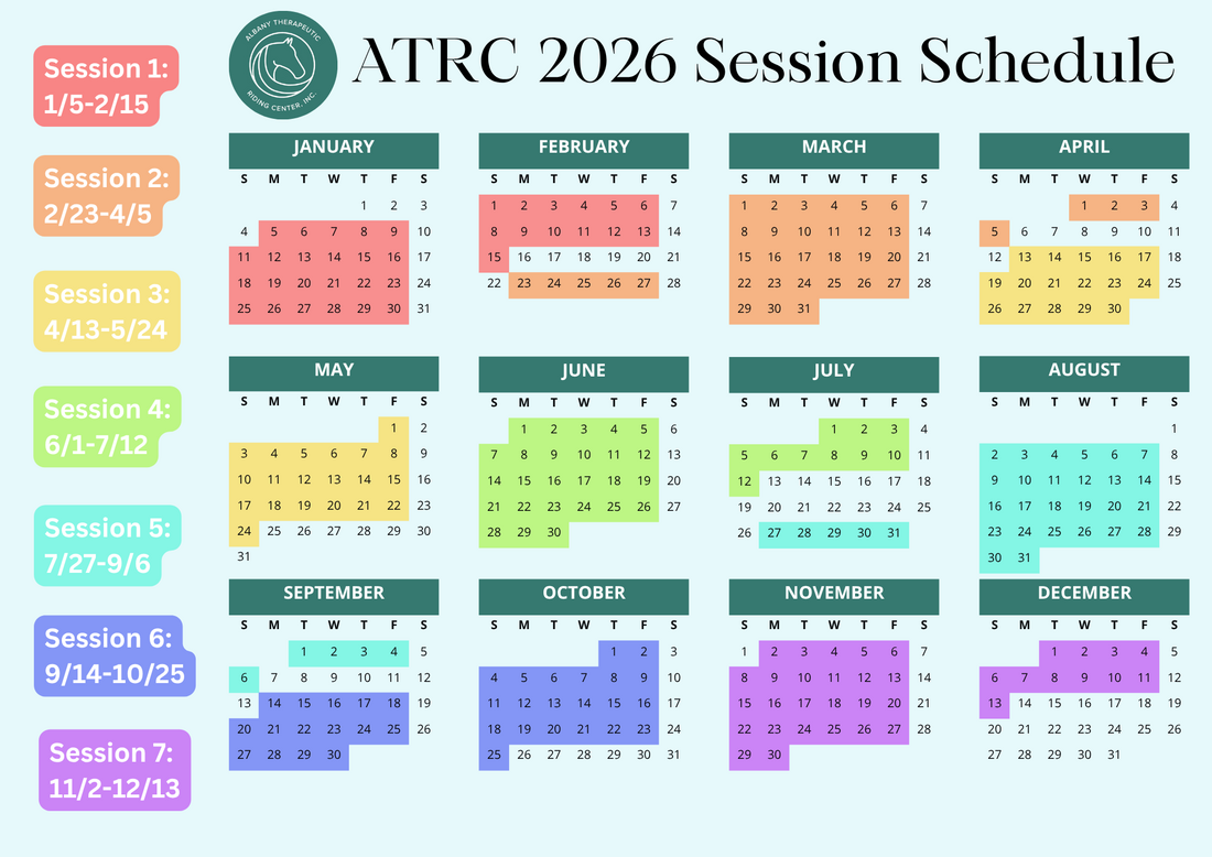 A color-coded ATRC 2026 session schedule calendar for the year, displaying different sessions from January to December with corresponding dates and color codes for each session.