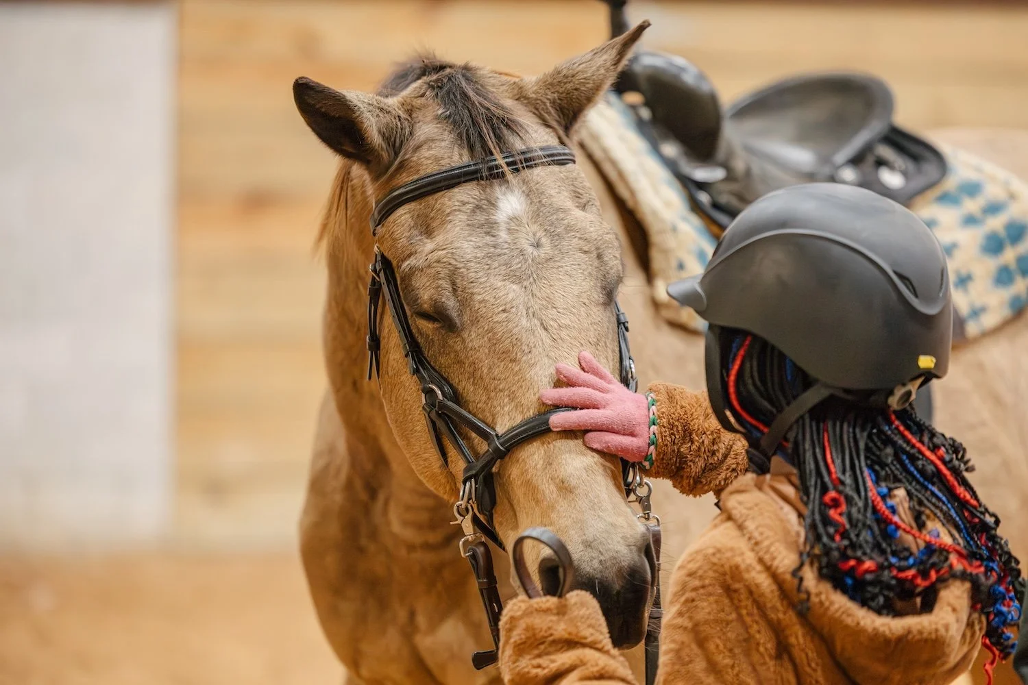 A person wearing a helmet and brown furry jacket pats a light brown horse with a black bridle on its head inside a room with wooden flooring.