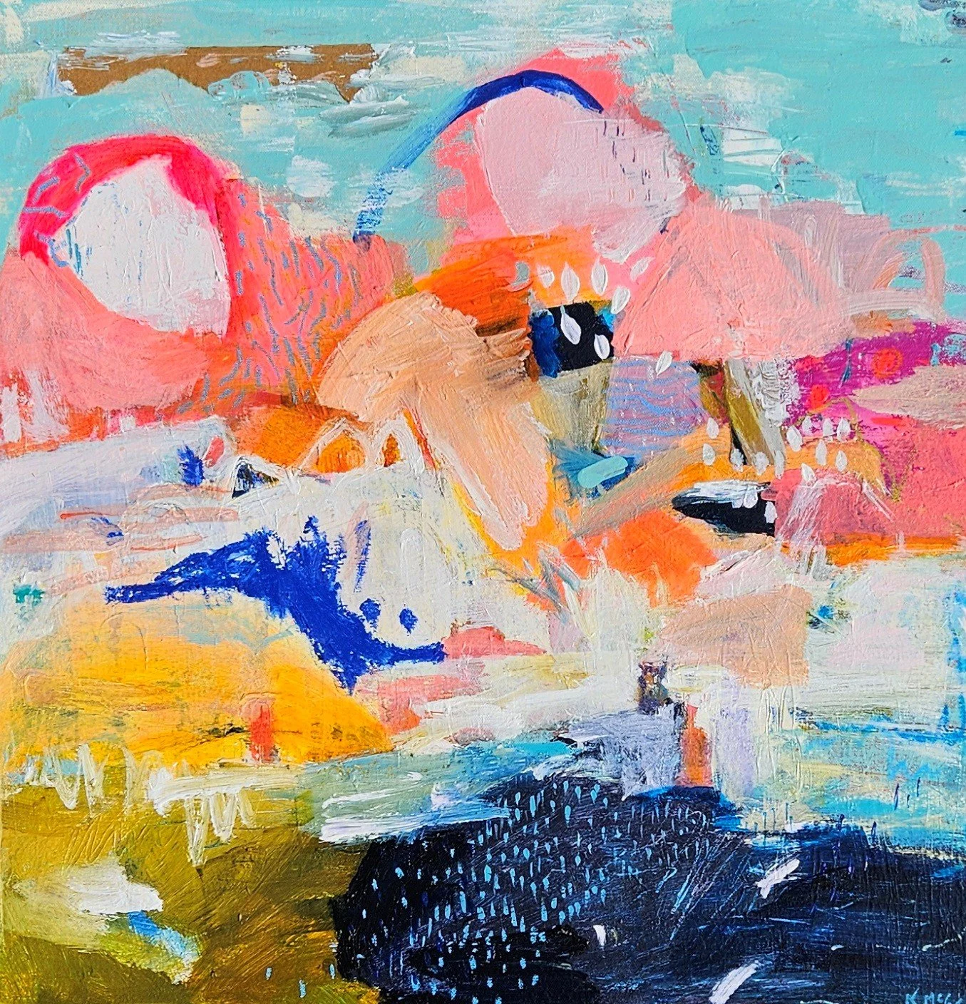 Kristina McGrath • lock in • acrylic, oil stick, ink and collage on canvas. floating oak frame • 52.5 x 52.5 cm • $670