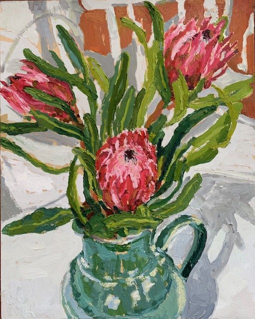 Maureen Hansen • protea in green jug • oil on ply • 51 x 41 cm • $3000