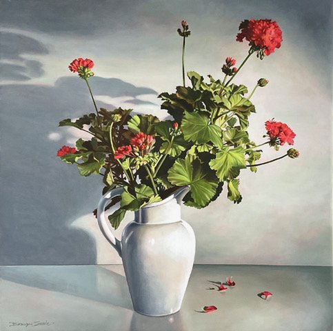 Bronwyn Searle • red geraniums • oil on canvas • 60 x 60 cm • $3500
