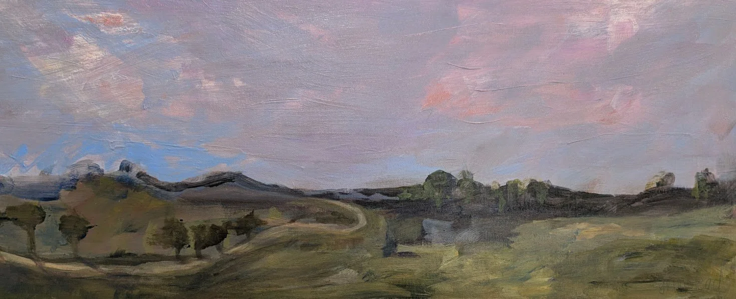 Megan Grinstead • catching the light • acrylic on canvas • framed (timber surround) approx 32 x 76 cm • $1985