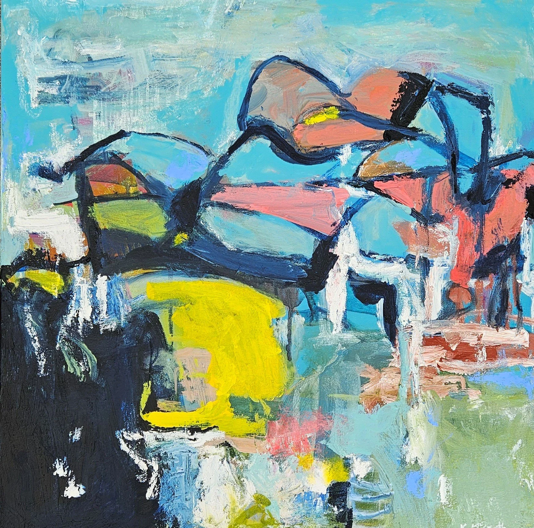 Kristina McGrath • flight delay • acrylic on canvas. floating oak frame • 52.5 x 52.5 cm • $670
