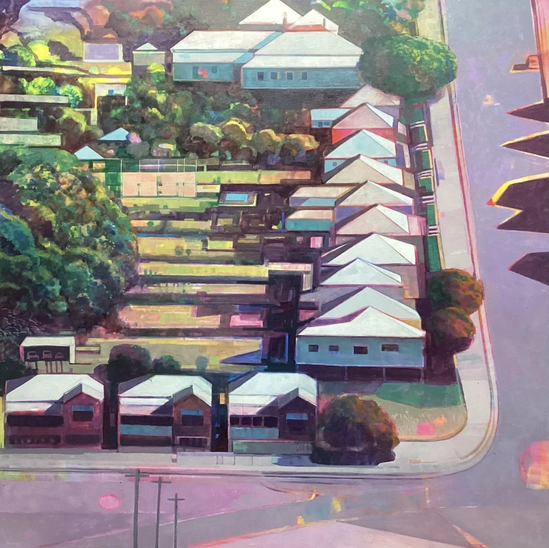 Nick Olsen • houses up the hill 2 • oil on canvas • 90 x 90 cm • $4800