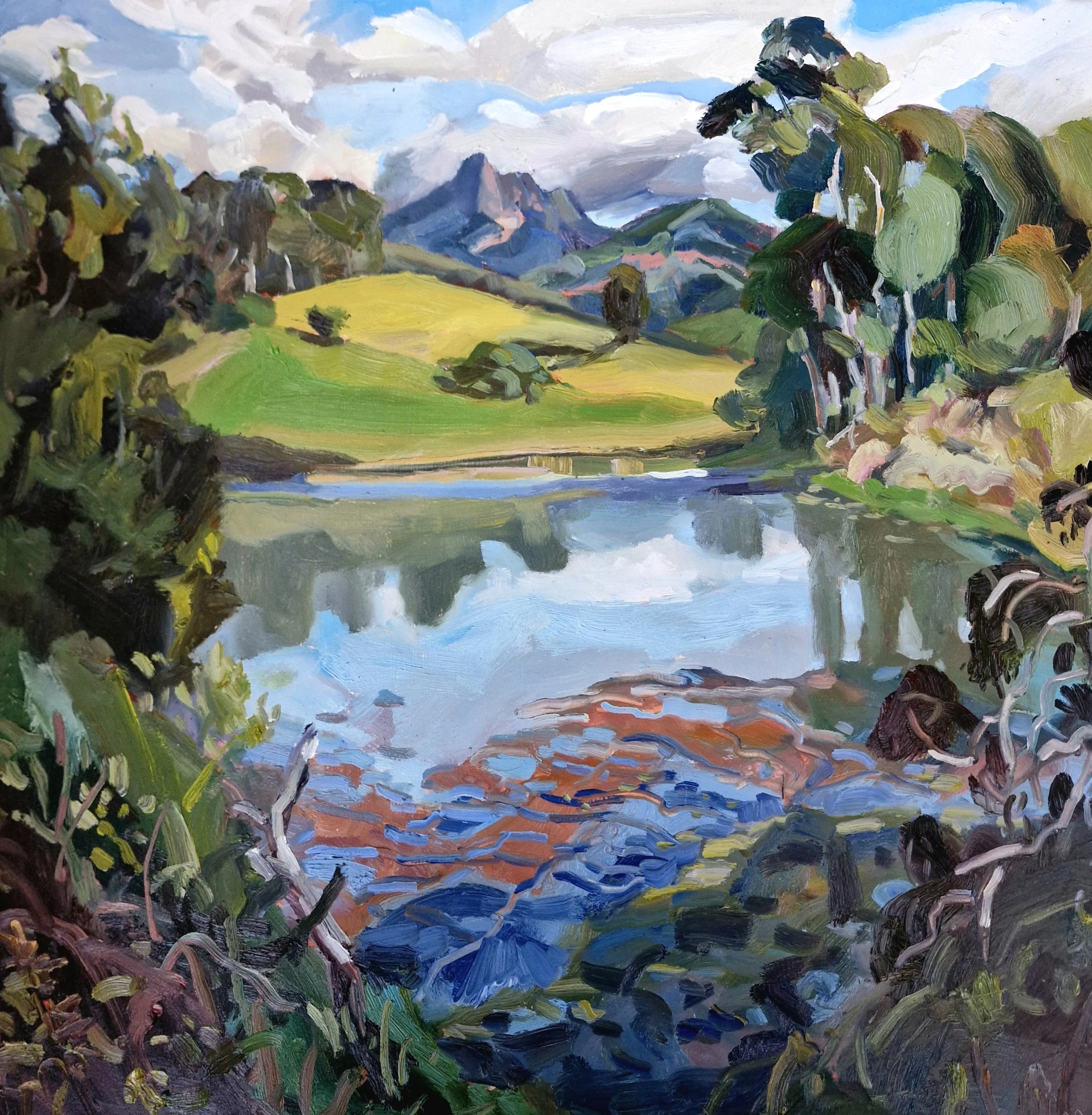 Kate Marek • view to Wollumbin • oil on aluminum (framed in oak) • 62 x 62 cm • $1880