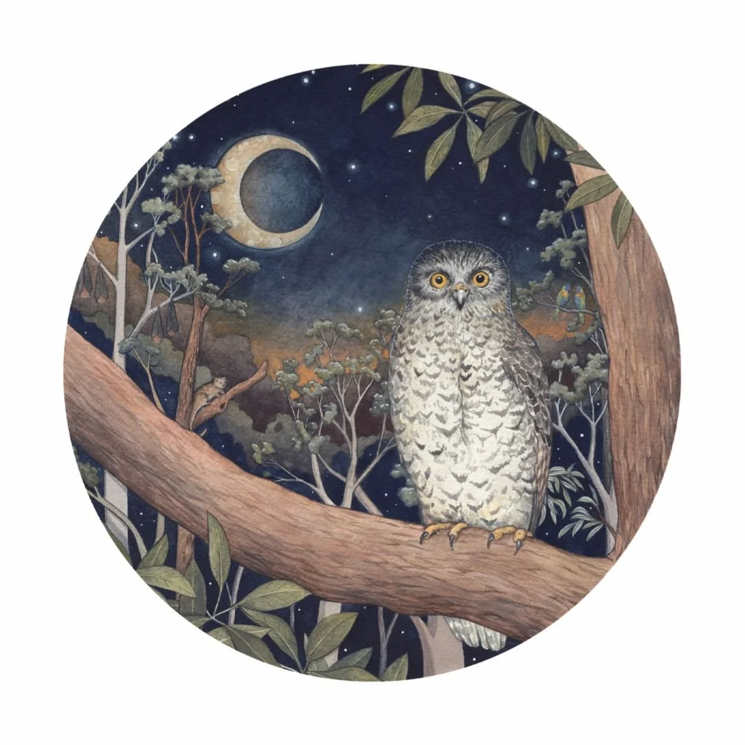 Ingrid Bartkowiak • powerful owl • watercolour • 40.3 x 40.3 cm • $1200