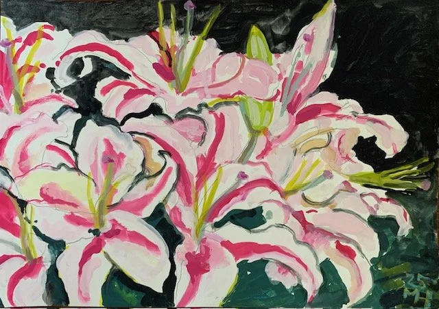 Maureen Hansen • lilies on black • gouache on paper • 30 x 42 cm • $1400
