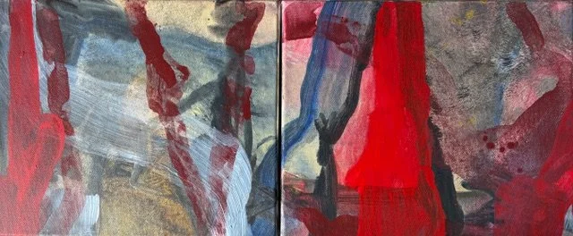Amy Clarke • land of the dinosaurs • acrylic on canvas diptych framed • 28 x 63 cm • $980