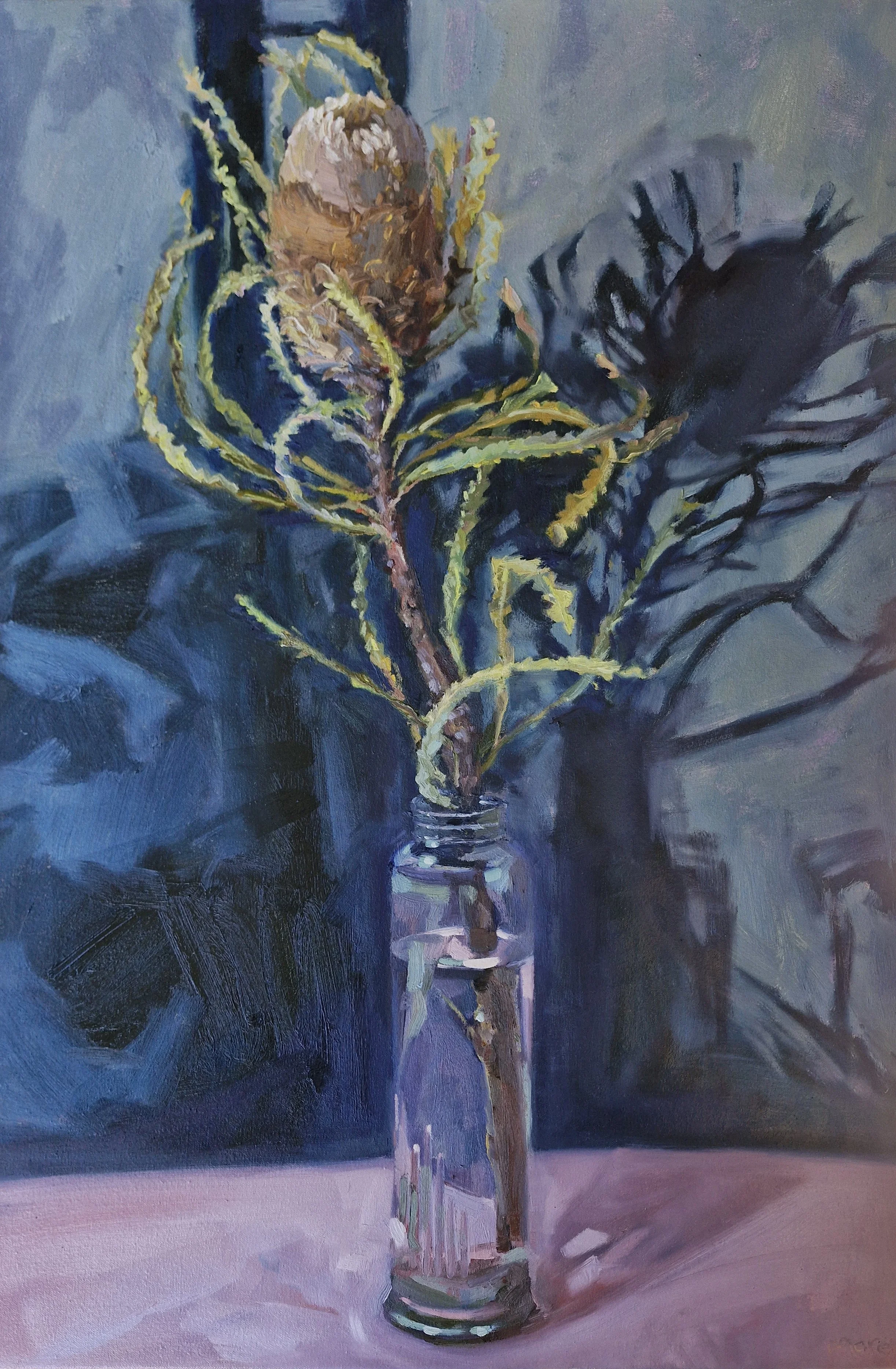 Kate Marek • banksia in bottle • oil on canvas (framed in oak) • 78 x 52 cm • $1600