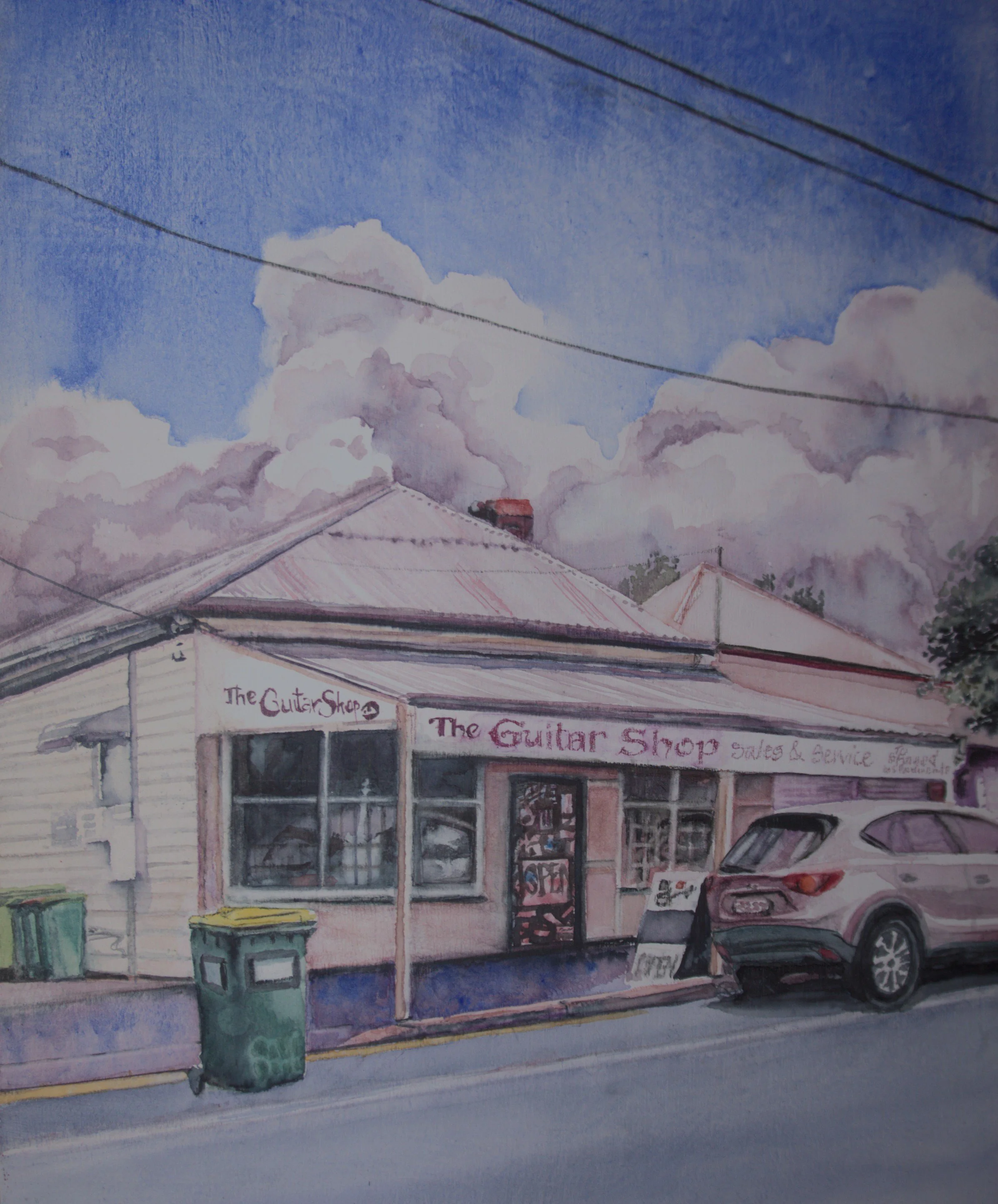 Mel Mons Wolff • the guitar shop • watercolour • 20.5 x 25.5 cm • $550