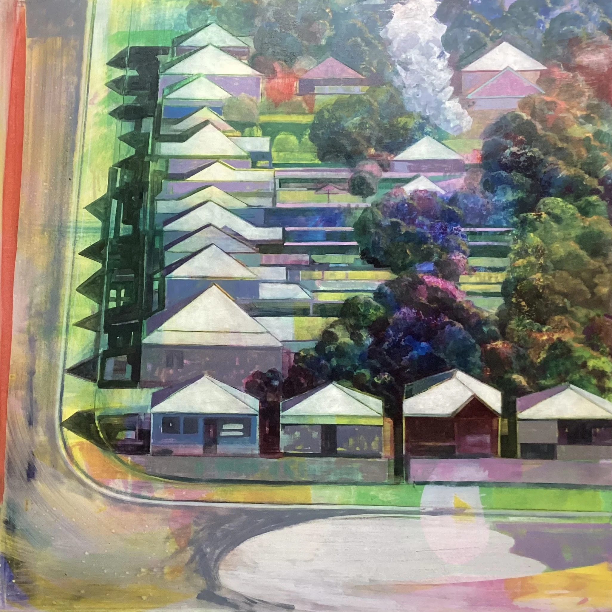 Nick Olsen • houses up the hill 1 • oil on canvas • 90 x 90 cm • $4800