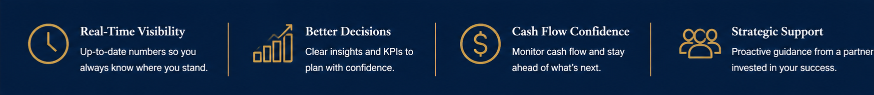 Four sections with gold icons and white text on a darkblue background, describing features: 1) Real-Time Visibility with a clock icon, 2) Better Decisions with a bar graph and upward arrow icon, 3) Cash Flow Confidence with a dollar sign icon, 4) Strategic Support with three people icon.