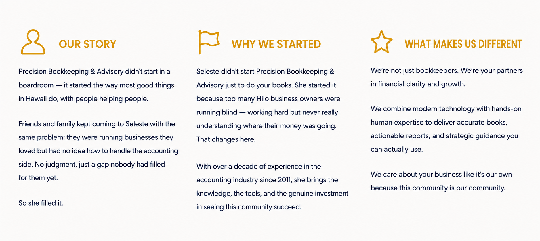 Three columns of text titled 'Our Story', 'Why We Started', and 'What Makes Us Different', with icons above each, discussing the company's background, motivations, and unique qualities.