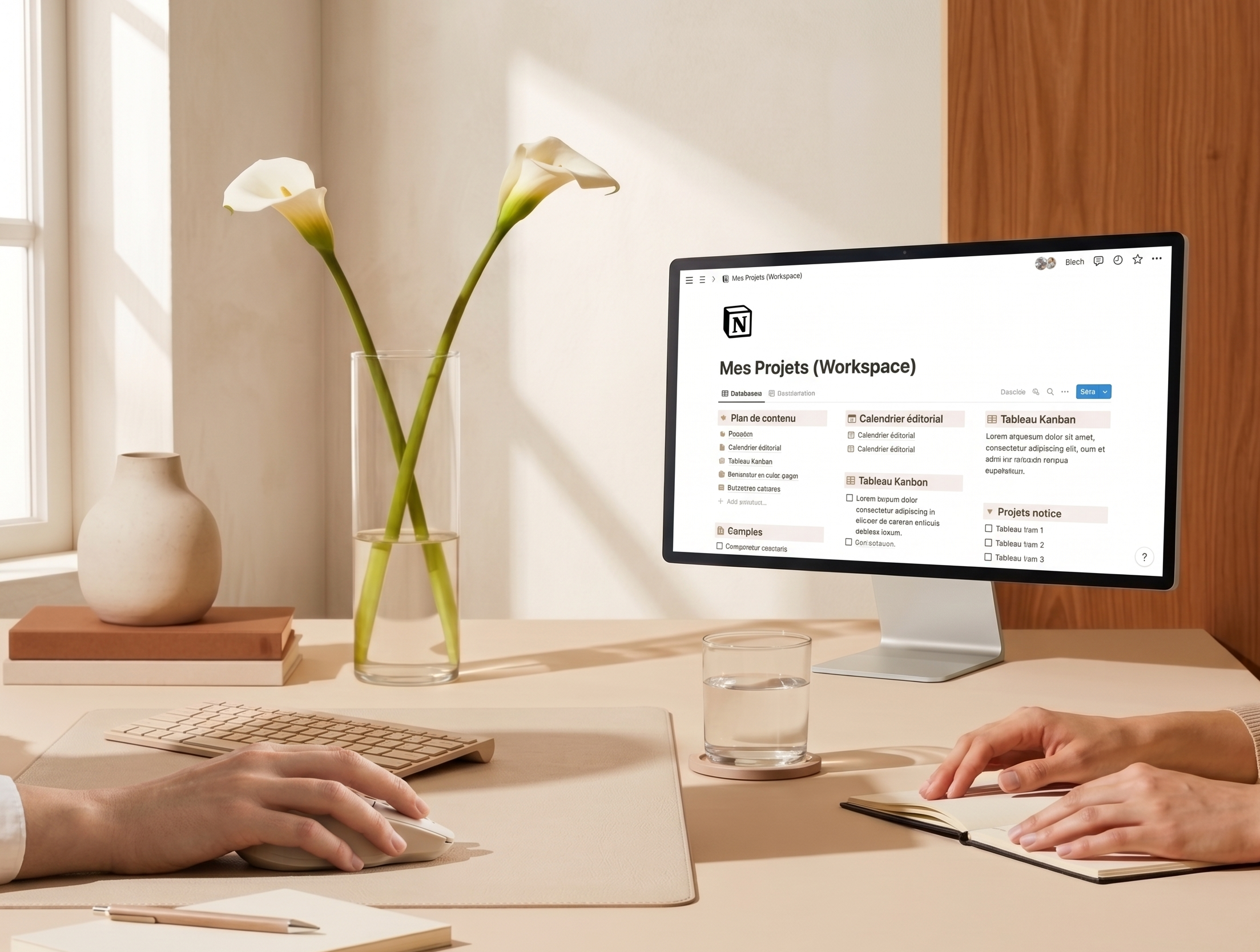 Un espace de travail avec une plante à fleurs blanches dans un vase en verre, un ordinateur affichant une application de gestion de projets, un clavier, une souris, un verre d'eau, un cahier ouvert avec une main et un stylo, et une stalactite en céramique blanche, dans un environnement lumineux et moderne.