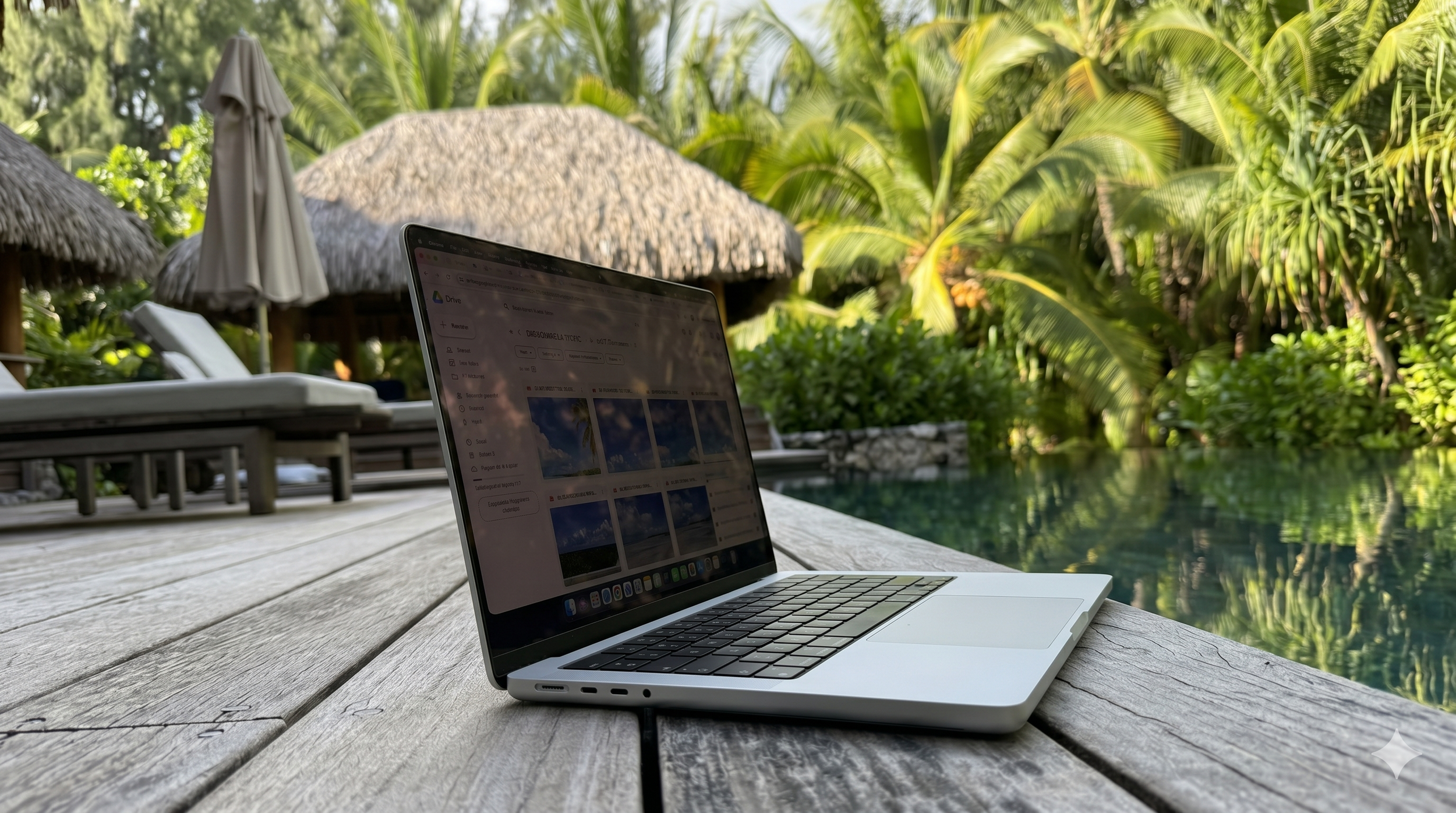 Un ordinateur portable posé sur une table en bois, avec un écran affichant une interface de Google Drive. En arrière-plan, une piscine avec de l'eau claire, entourée de végétation tropicale dense avec des palmiers, et des parasols en toiles de paille. L'ambiance donne une sensation de travail en vacances ou de détente à la plage.
