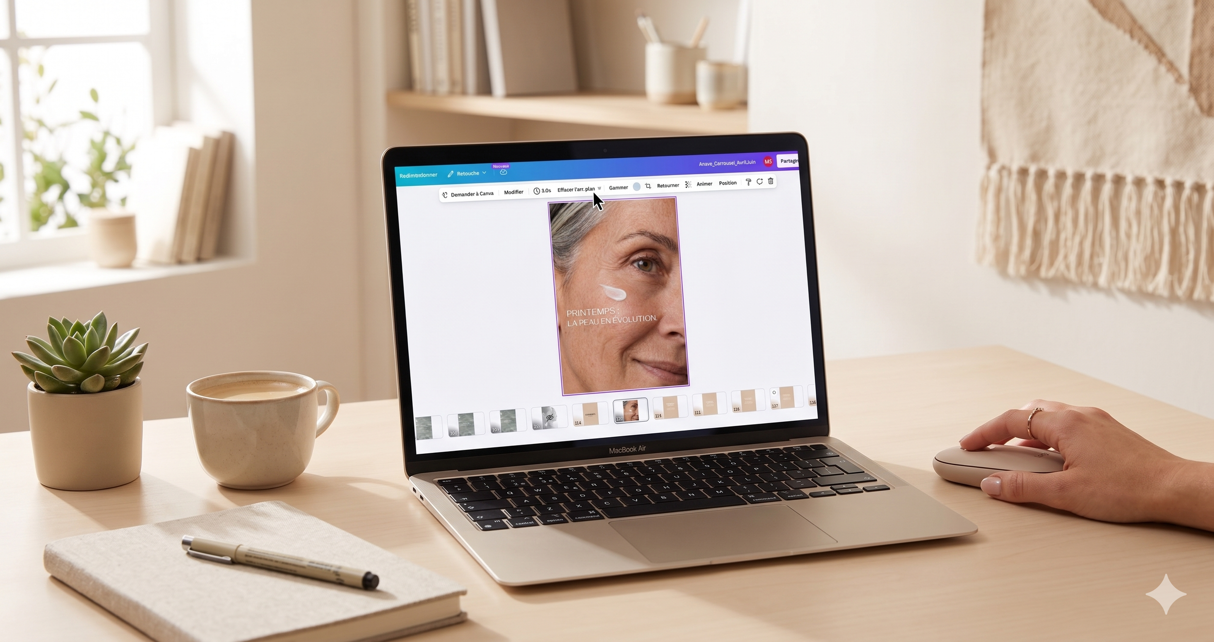 Un ordinateur portable sur un bureau, affichant une photo d'une femme avec des rides et un texte en français intitulé "PRINTEMPS: LA PEAU EN ÉVOLUTION". À côté, une main utilisant une souris, un carnet avec un stylo, et deux tasses de café ou de thé, dans un environnement lumineux avec des plantes et des décorations murales