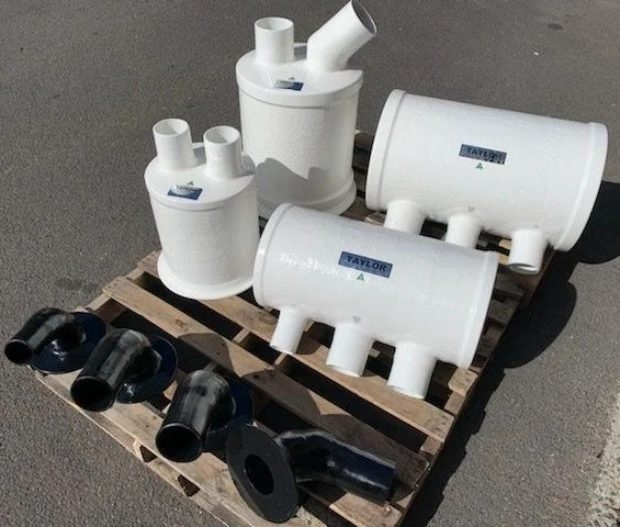 Custom water lift mufflers and exhaust fittings manufactured by Taylor Marine Exhaust.