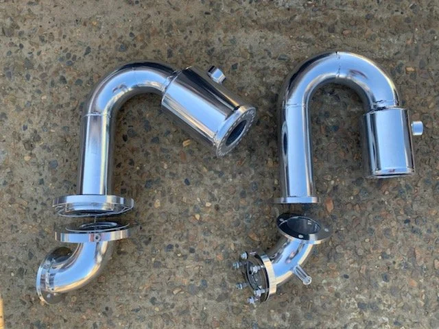 Custom stainless steel marine exhaust goosenecks manufactured by Taylor Marine Exhaust.