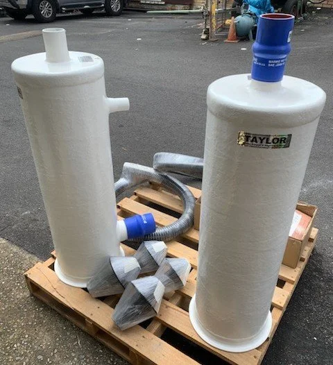 Marine exhaust water gas separators and wet exhaust components.