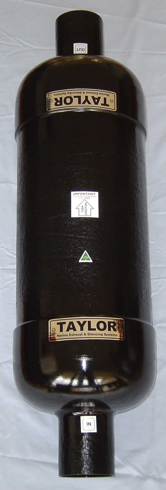 Custom inline silencer manufactured for marine wet exhaust applications.