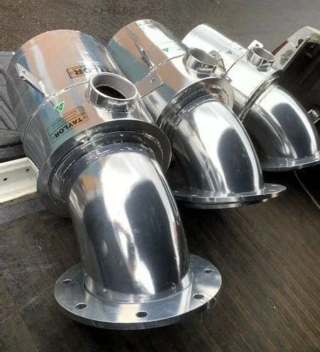 Stainless steel marine exhaust risers fabricated for commercial vessel applications.