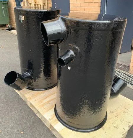 Marine water gas separators manufactured for low back pressure exhaust systems.