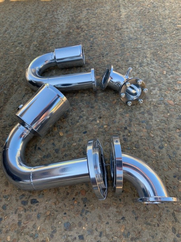 Custom stainless steel goosenecks engineered for marine exhaust systems.