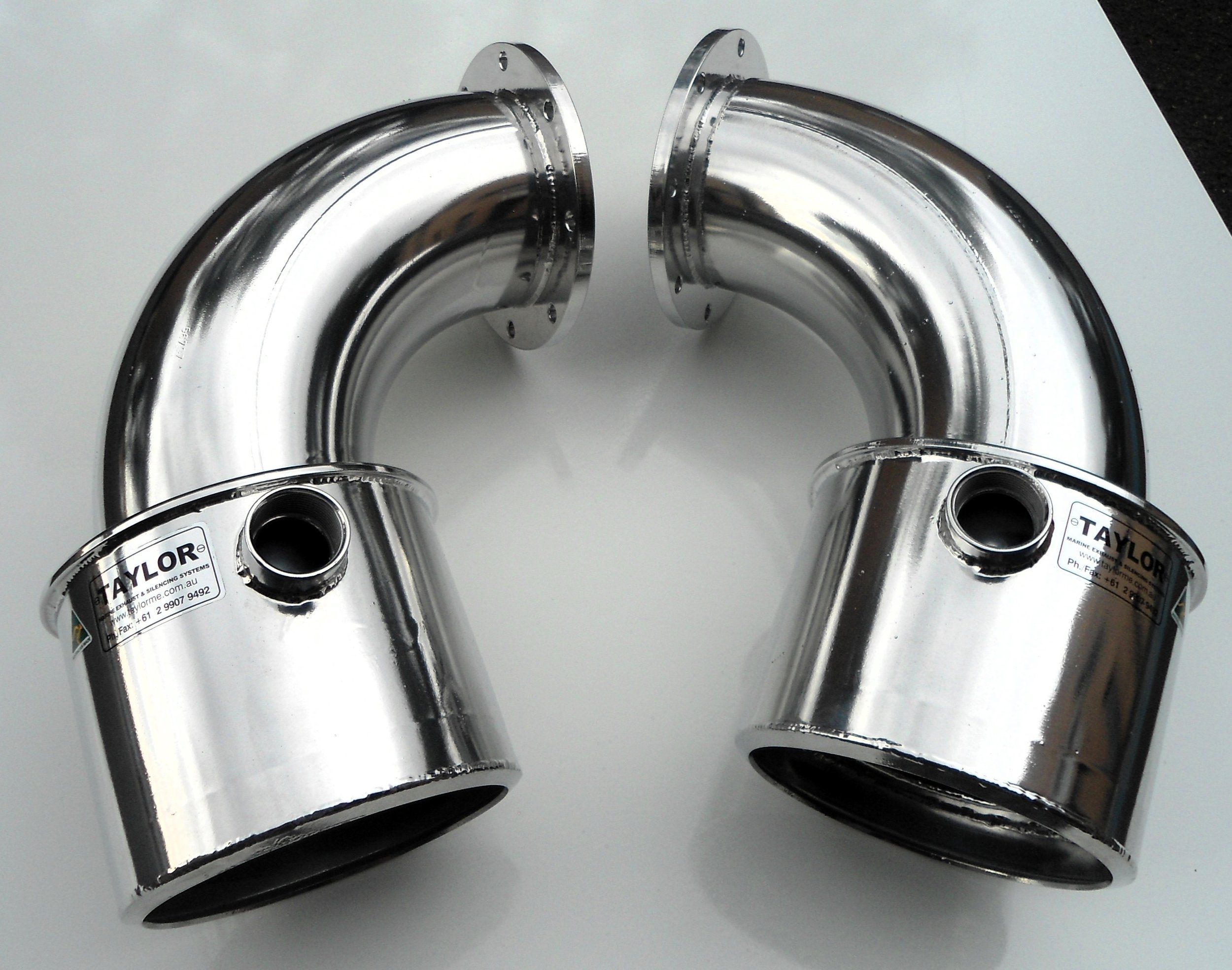 Marine-grade stainless steel exhaust components manufactured by Taylor Marine Exhaust.