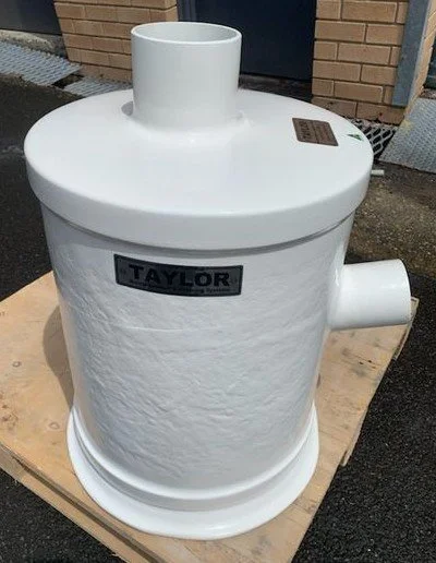 Premium marine water lock muffler constructed from fire-retardant vinyl ester composite.