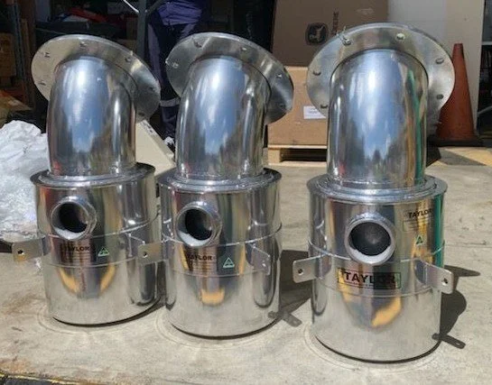 Marine-grade stainless steel exhaust mixers manufactured by Taylor Marine Exhaust.