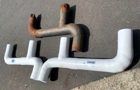 Marine exhaust components duplicated to suit custom vessel and engine requirements.