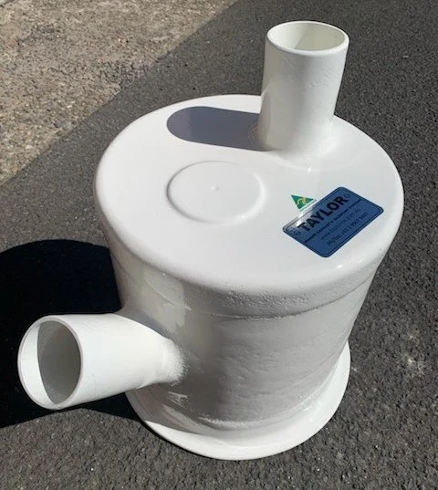Custom water lock muffler engineered to meet marine survey requirements.