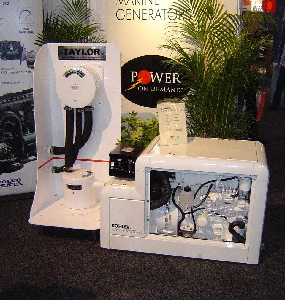 Taylor Marine Exhaust water gas separator displayed at marine industry exhibition.