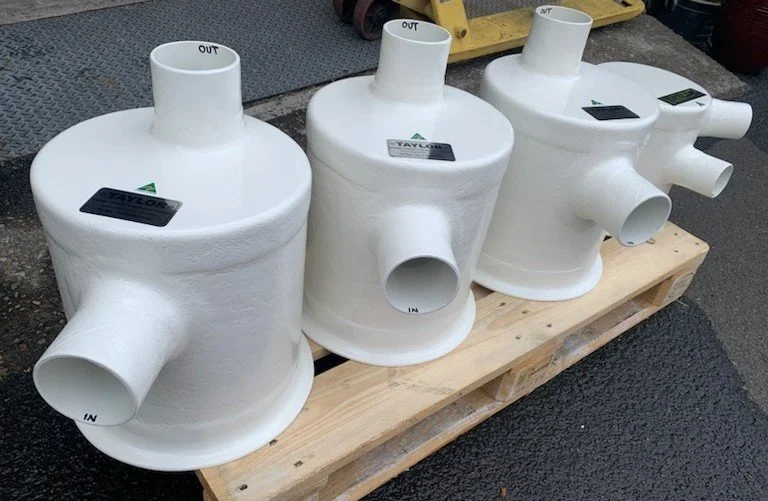 Marine water lock  muffler configured to suit vessel-specific exhaust requirements.