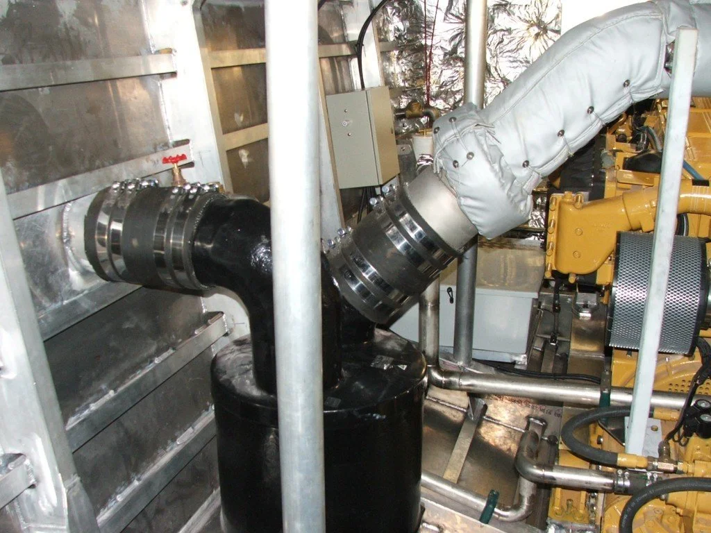 Completed custom wet exhaust installation developed specifically around the vessel layout, engine configuration and operational duty.