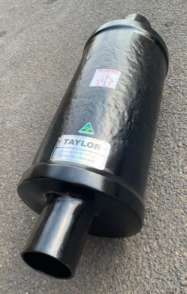 Heavy-duty marine inline silencer designed for commercial vessel exhaust systems.