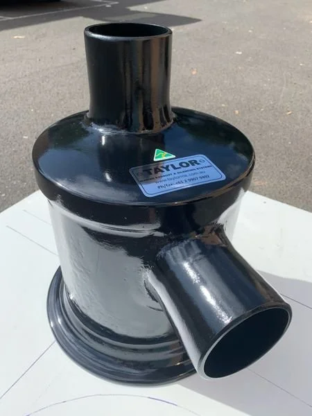 Custom water lift muffler designed to suit vessel engine and installation requirements.