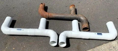 Glass-reinforced vinyl ester exhaust components duplicated for marine wet exhaust systems.