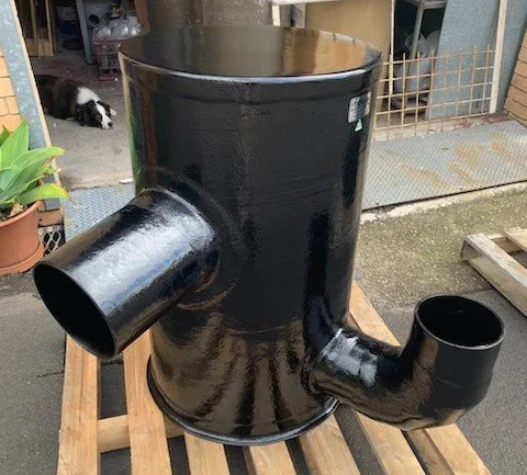 Heavy-duty vinyl ester water lift muffler manufactured for a custom marine wet exhaust installation.