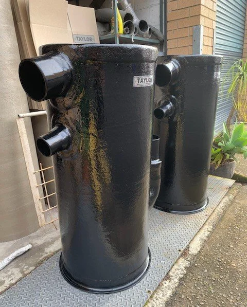 Taylor Marine Exhaust water gas separators manufactured for custom vessel requirements.