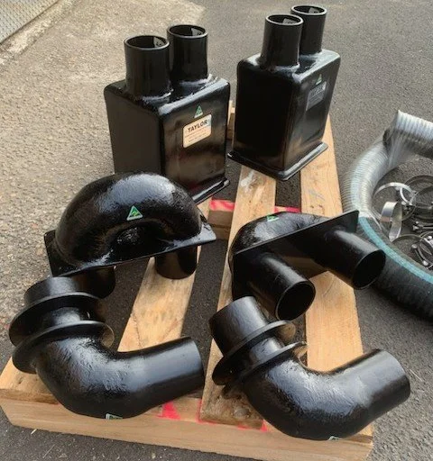 Glass-reinforced vinyl ester exhaust bends and fittings manufactured for marine wet exhaust systems.